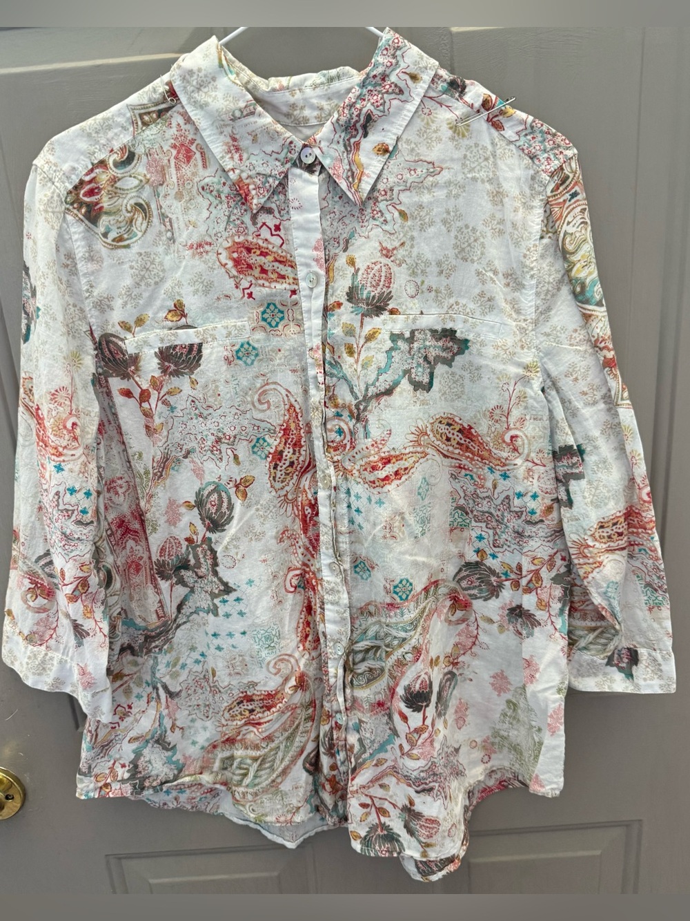 Chico's White Button-Down Shirt with Red, Teal, and Brown Paisley Print